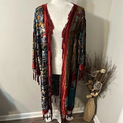 Plumero Kimono CHICO’s Artístico Abstracto Burnout Terciopelo Cuentas Borla Flecos Talla M/L Foto 1 de 4