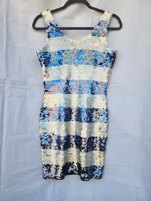 Vestido de fiesta vintage años 80 lentejuelas rayas ceñido al cuerpo azul o gris plateado mini 10 Foto 1 de 4