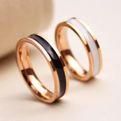 Sz 3-10 Black/White Enamel Rose Gold Plated Titanium Steel Band Men/Women's Ring - Image 1 of 4