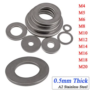 0.5 mm Thick Flat Plain Washers A2 Stainless Steel M4 M5 M6 M8 M10 M12 M16 M20 - Picture 1 of 9