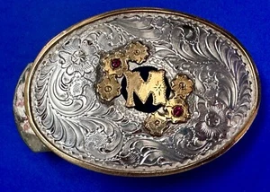 Custom Initial Letter Monogram M Vintage Silver Overlay Silverado Belt Buckle - Picture 1 of 24