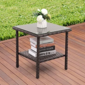 Outdoor Side Table, Square Patio Rattan Coffee Table with Glass Top Brown - Picture 1 of 6