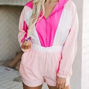 Main Strip Womens Windbreaker Romper Pink White Color Block Hooded Pockets S New - Picture 1 of 3
