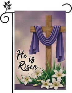 He is Risen Easter Cross 12x18 inch Double-side Burlap Garden Flag Purple - Picture 1 of 2