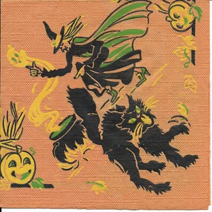 Vintage Krepp/Papier Halloween Serviette ~ Hexe grün Cape, Kessel, schwarze Katze - Bild 1 von 3