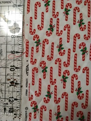 REMNANT Cranston Print Works Christmas Fabric White Red Candy Cane 15x21" - Image 1 of 4