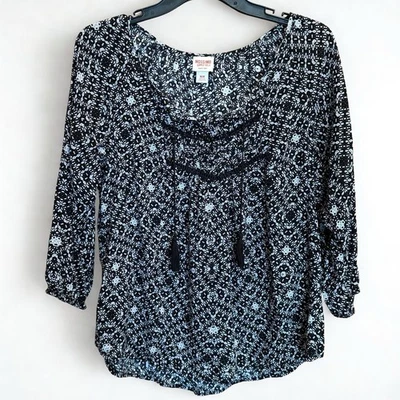 Mossimo Women’s Blouse M Boho Black White Print Peasant Top 3/4 Sleeve Tassels - Image 1 of 4