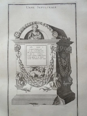 Asche- Urne Antike röm. Gefäß Mythologie Europa Montfaucon Kupferstich 1722 - Bild 1 von 2