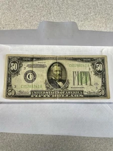 1934 $50 Dollar Bill Federal Reserve Note FRN New York Lime Green Seal - Picture 1 of 2
