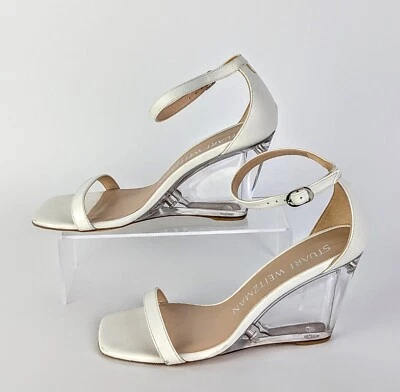 Stuart Weitzman Nudist Lucite Women's Clear Wedge White Leather Sandals Sz 7 - Image 1 of 4