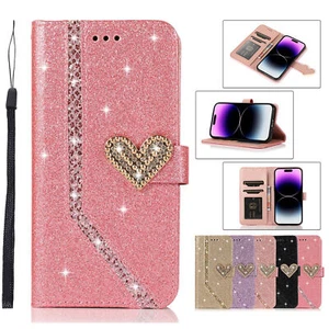 Flip Bling Glitter Love Leather Phone Case For iPhone 15 14 13 12 11 Pro Max - Picture 1 of 32