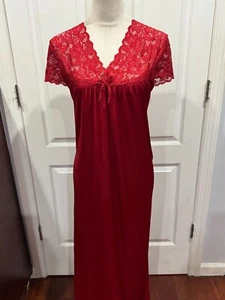Women Burgundy Wine Silky Short Sleeve V Neck Lace Nightgown 2XL 50"Lx22"W - Picture 1 of 4