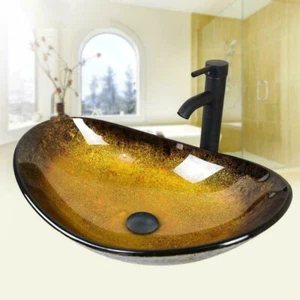 Juego ovalado lavabo barco lavabo vidrio templado bronce dorado recipiente encimera baño - Imagen 1 de 8
