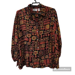 Chicos Design Orange Black 100% Rayon Fiesta Button Front Long Sleeve Top Size 3 - Picture 1 of 11