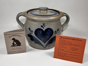 Vtg Rowe Pottery Works Crock Bean Pot Stoneware Salt Glazed Double Handle 80s - Picture 1 of 24