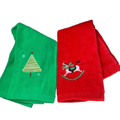Vintage Set (2) of Christmas Hand Towel/ Fingertip Towel Christmas Tree- Horse - Imagem 1 de 4