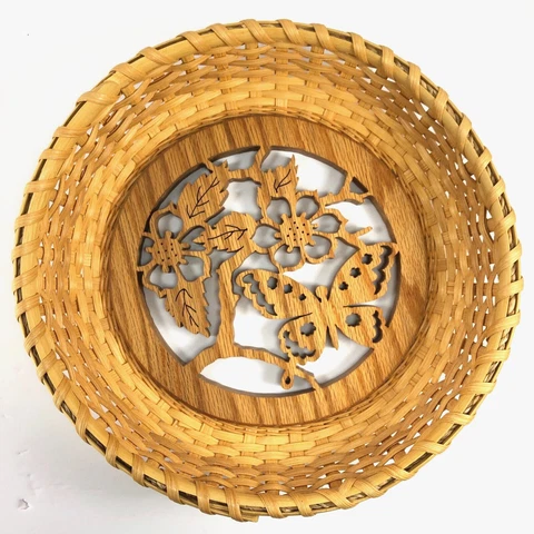 VTG Butterfly Floral Cut Oak Wood Bottom Woven Natural Basket Signed M Fidler Cover