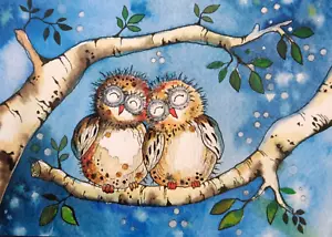 Postkarte Kunst Birke Eulen Vögel lieben Natur - Bild 1 von 1