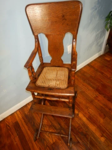 Antique Oak Childs High Chair Rocker Cane Seat Vintage Cover