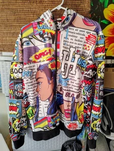 Jewel House Denim Co durchgehender Reißverschluss Stretch Jacke Comic Streifen Muster Herren Large  - Bild 1 von 3