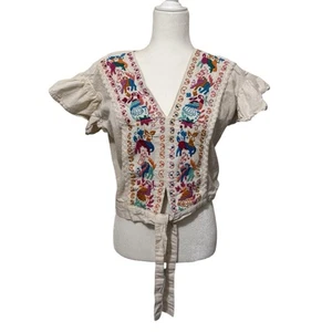 Vintage 70s Embroidered Peasant Blouse tie waist butterfly sleeve size Small - Picture 1 of 6
