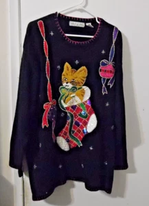 Vtg Victoria Jones Stitched Beaded Black Christmas Cat in Stocking Sweater 2X - Picture 1 of 6