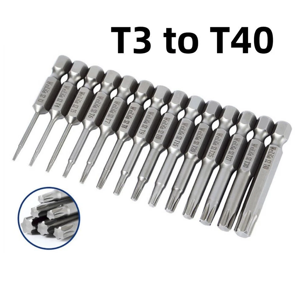 Solid Torx Screwdriver Bit Magnetic 1/4" Hex Star Security Pin Long T3 to T40 - Image 1 of 4