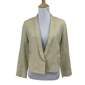 Vince Blazer Womens 2 Beige Linen Blend Shoulder Pads Rustic Crop Shawl Jacket - Picture 1 of 12