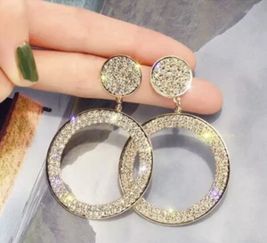 Neu Charm hängende Ohrringe Damen großer Kreis Strass Kristall Reifen  - Bild 1 von 11