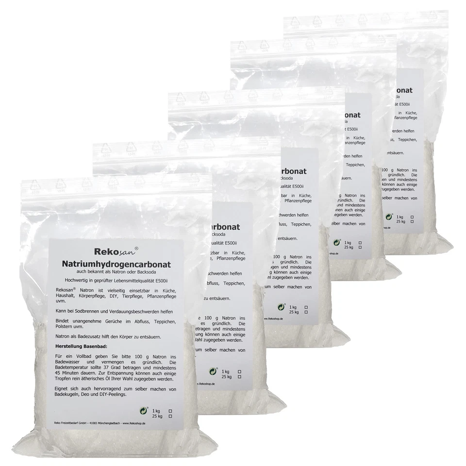 5x 1 kg Rekosan Natron Natriumhydrogencarbonat Backsoda Lebensmittel E500ii