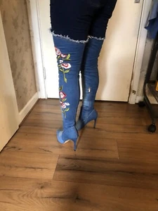 Thigh Boots Sergio Todzi Denim Boots 4 1/2 Inch Heel Great Condition Uk 7 EU 41 - Picture 1 of 10