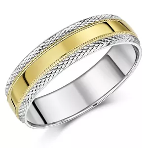 9ct Yellow & White Gold Wedding Ring Paternd Two colour Ring 4mm 6mm Band - Picture 1 of 5