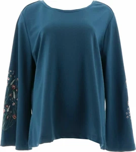 DG2 Diane Gilman Embroidered Bell-Slv French Terry Top Dusty Blue ,Lg - Picture 1 of 4