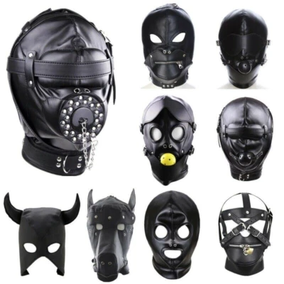 Adult's unisex PU Leather Gimp Head Harness Headgear Zipper Hooded Mask Lockable - Image 1 of 4
