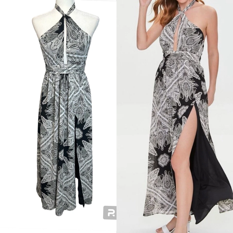 Maxi Vestido Forever 21 Talla S Halter Negro Blanco Fantasiful Hazaña Fluido Cachemira Foto 1 de 4