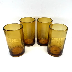 HTF Bobby Flay Amber Highball Tumblers Etched Glasses 6" Set of 4 Hand Blown - Picture 1 of 6
