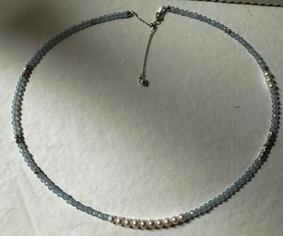 3-5mm pearl aquamarine gemstone 925 sterling silver beaded necklace 18'' NIB - Image 1 of 4