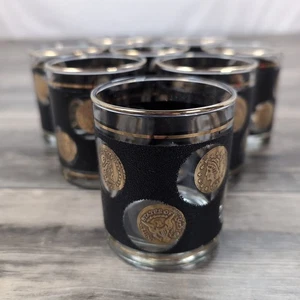 Vtg Libbey Gold Coin Medallion Textured Black Whiskey Cocktail 8 Glasses MCM - Picture 1 of 17