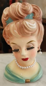 Vintage MCM Rubens Woman Head Vase #485 6.75" Tall Red Lips/Pearls - Picture 1 of 9