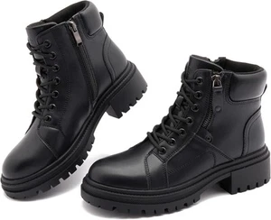 Women's Fashion Ankle Booties Causal Side Zipper Lace-up Combat Boots - Picture 1 of 14