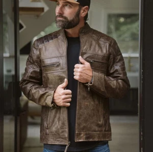 Cafe Racer Leather Jacket , Distressed Brown Cowhide leather Jacket - Picture 1 of 5