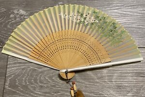 Chinese Folding Hand Fan Flowers With Greenery Design Silk & Design Wood