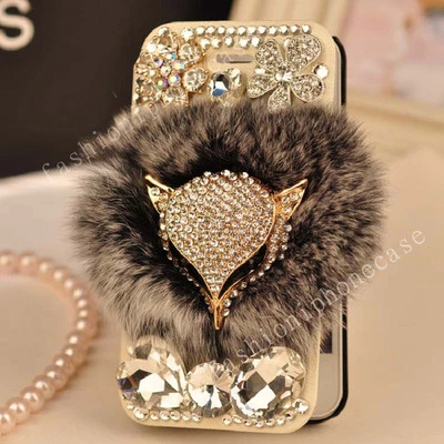 Flip Leather Card Wallet Luxury Bling Diamonds Furry Rabbit Fur Phone Case Cover - Image 1 of 4