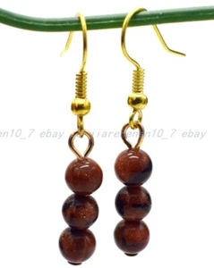Beautiful Fashion 6mm Goldstone Gemstone Round Beads Dangle Hook Earrings - Picture 1 of 12