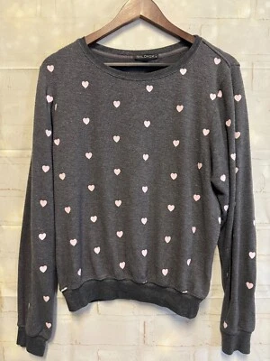 Wildfox Sweater Womens S Dark Gray Pink Hearts Round Neck Long Sleeve Pullover - Imagem 1 de 4