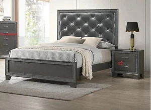 3pc Luxury Glam Panel Bed Set Button-Tufted Headboard Dark Gray Finish Modern - Picture 1 of 7