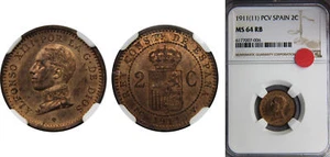 Spain 1911 PCV 2 Centimos Bronze 95 copper 4 tin 1 zinc NGC MS 64 RB - Picture 1 of 1