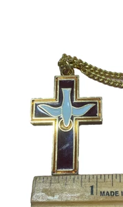 Holy Spirit Cross + Dove Enamel Pendant Necklace, Gold tone with full 12" chain - Picture 1 of 4