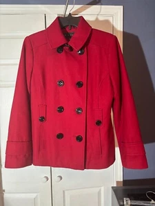 Giacca Women's Red Wool Double Breated Pea Coat Petite M Lined Pockets - Picture 1 of 9