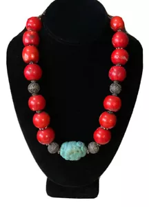 COLLANA TIBETANA CINESE GRANDE ROTONDA CORALLO ROSSO PERLINE TURCHESE - Foto 1 di 12